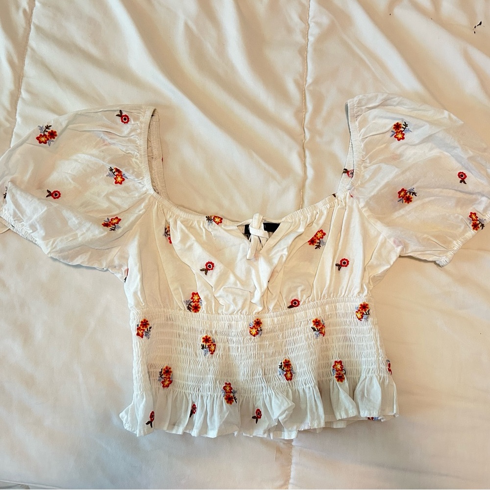 Forever 21 White Blouse with Red Floral Embroidery